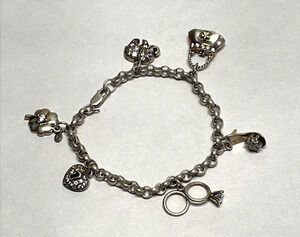 925 Sterling Silver Charm Bracelet 6 Pave Charms Heart Padlock Shoe Purse 7in
